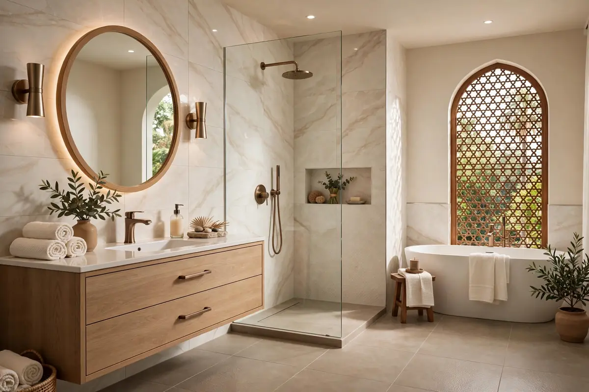 Hotel-style bathroom with marble-look walls — tile design inspiration Pakistan