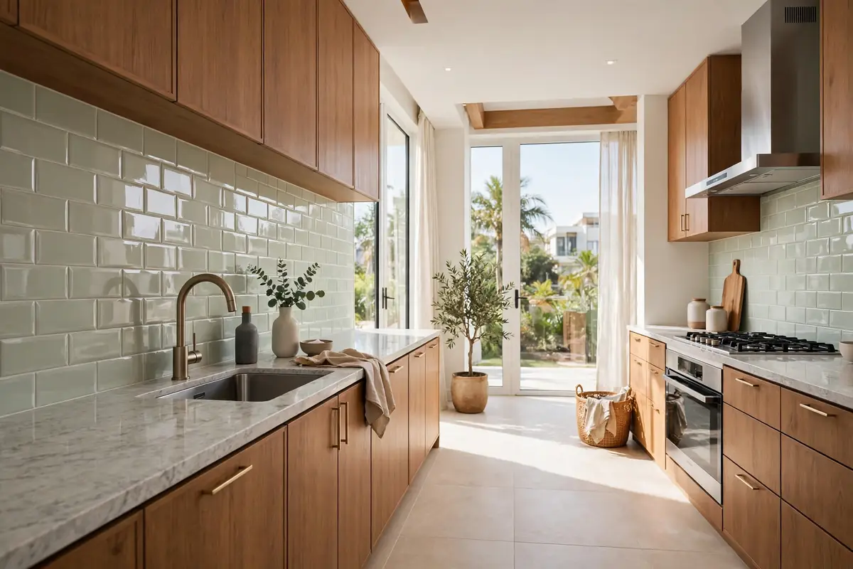 Sage ceramic splashback in a working family kitchen — tile design inspiration Pakistan