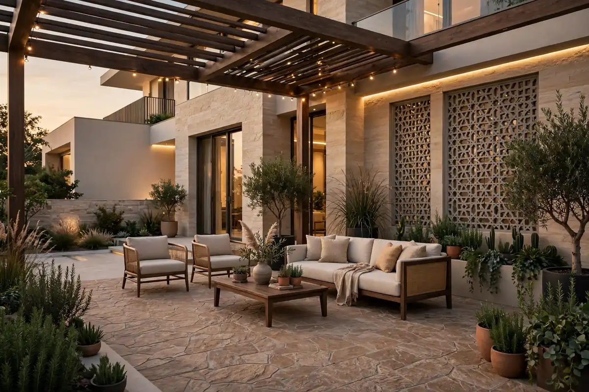 Stone-look tiles on an evening terrace — tile design inspiration Pakistan