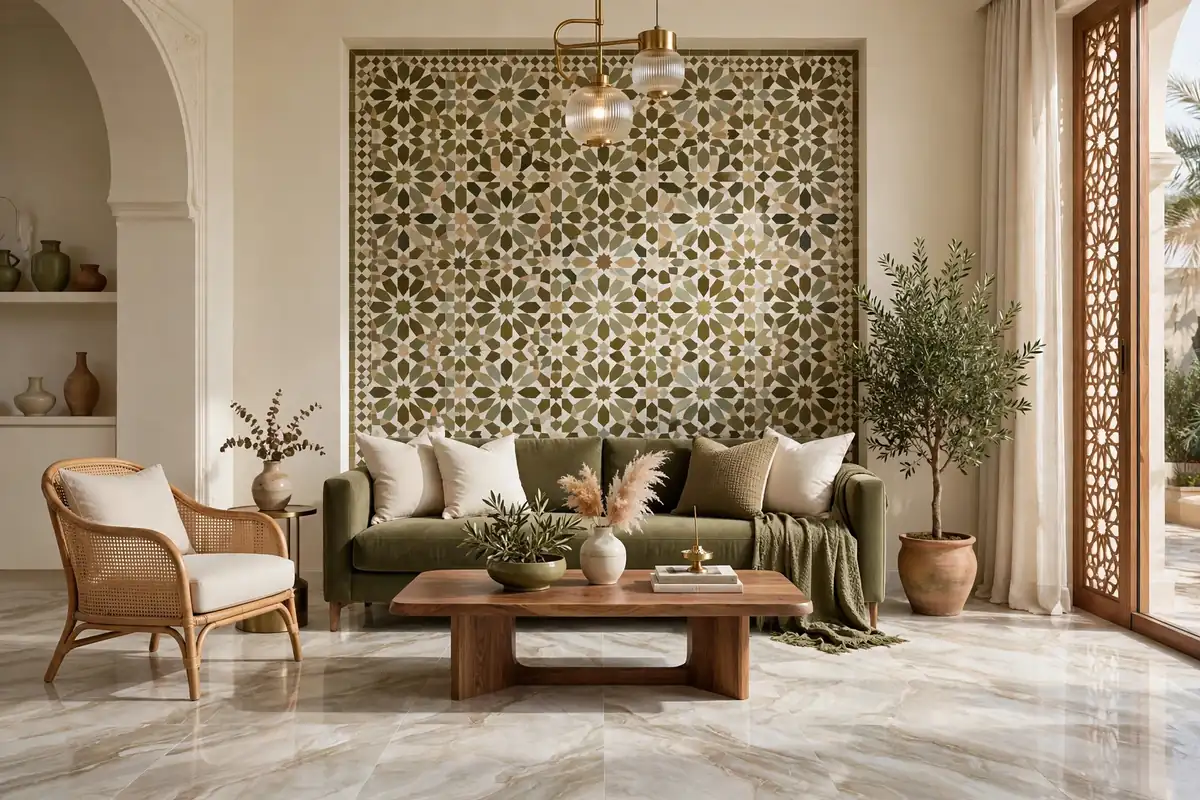 Marble-look porcelain floors in a formal lounge — tile design inspiration Pakistan