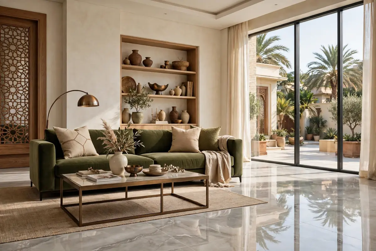 Elegant living room with large marble-look porcelain floor tiles in a Pakistani home