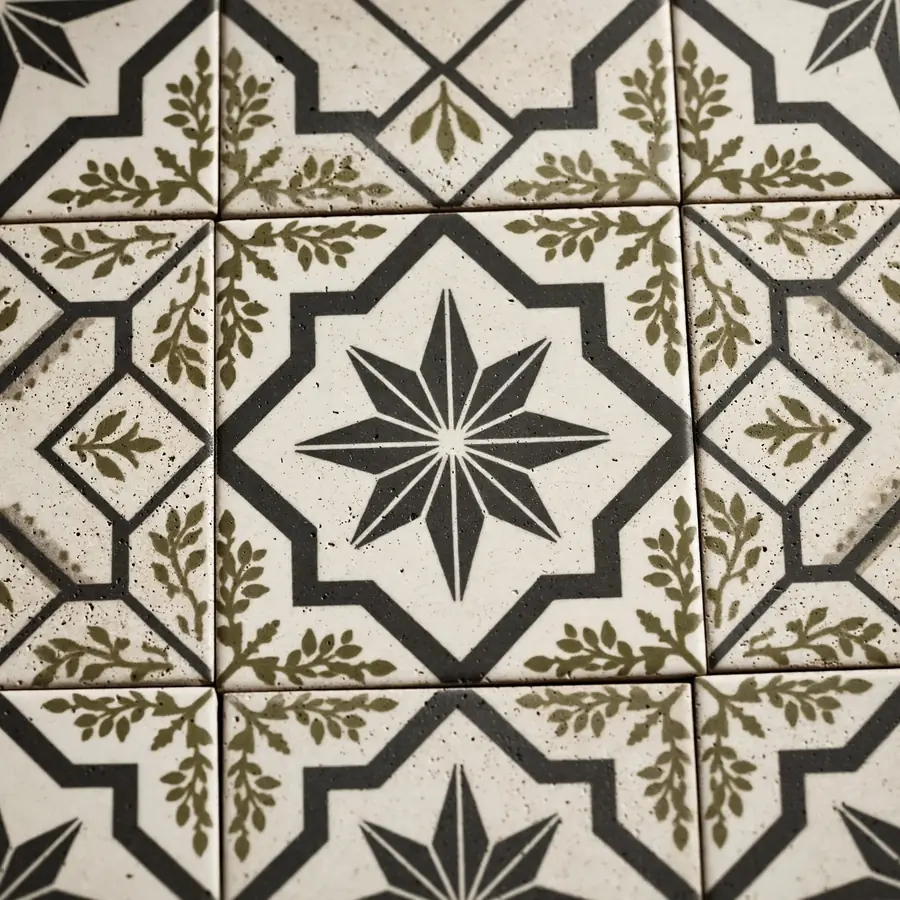 Geometric patterned ceramic tile in charcoal ivory and olive for floors and walls in Pakistan