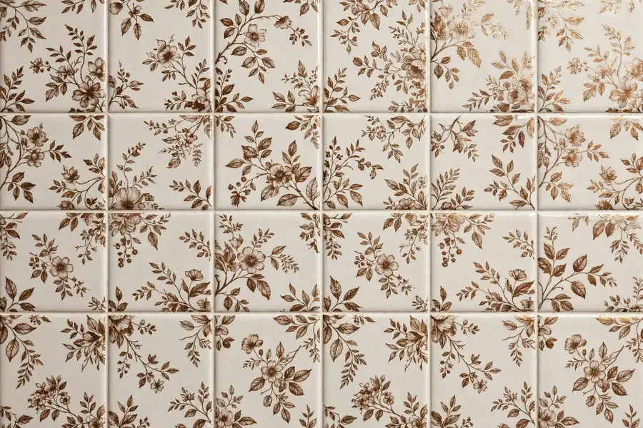 Ivory ceramic kitchen wall tile with bronze heritage motif for Pakistan homes