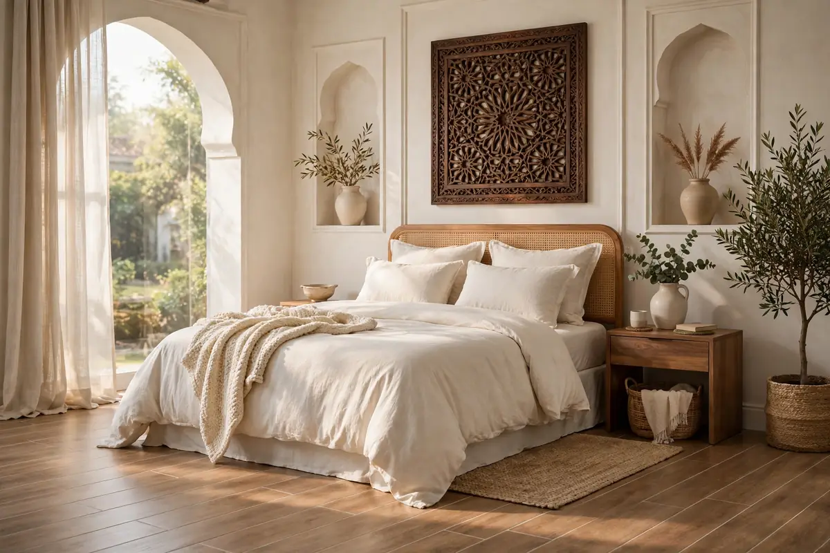 Wood-look planks for a calm bedroom floor — tile design inspiration Pakistan