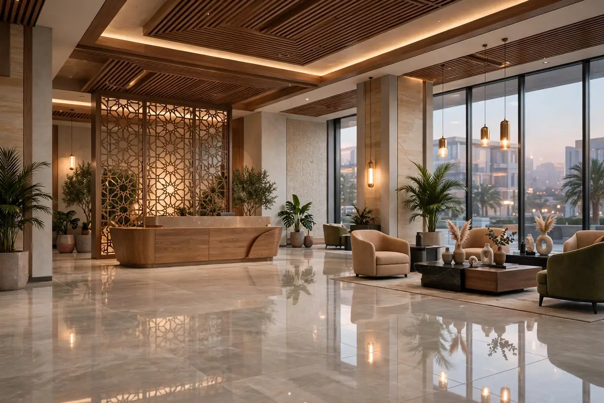 Large-format porcelain in a hotel lobby — tile design inspiration Pakistan